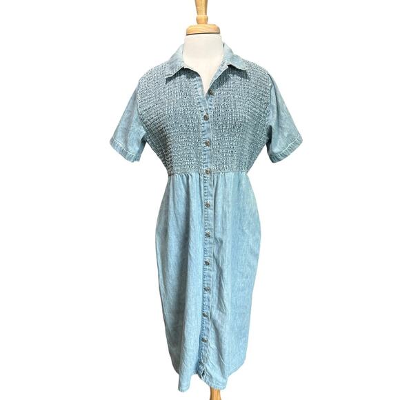 Vintage Farmhouse Cottagecore Denim Midi Dress Button Front Grid Pleat sz 12 - Picture 1 of 6
